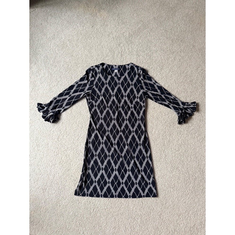 Tommy Hilfiger Black Diamond Print Ruffle Sleeve Sheath Dress 2P Petite - Picture 2 of 6